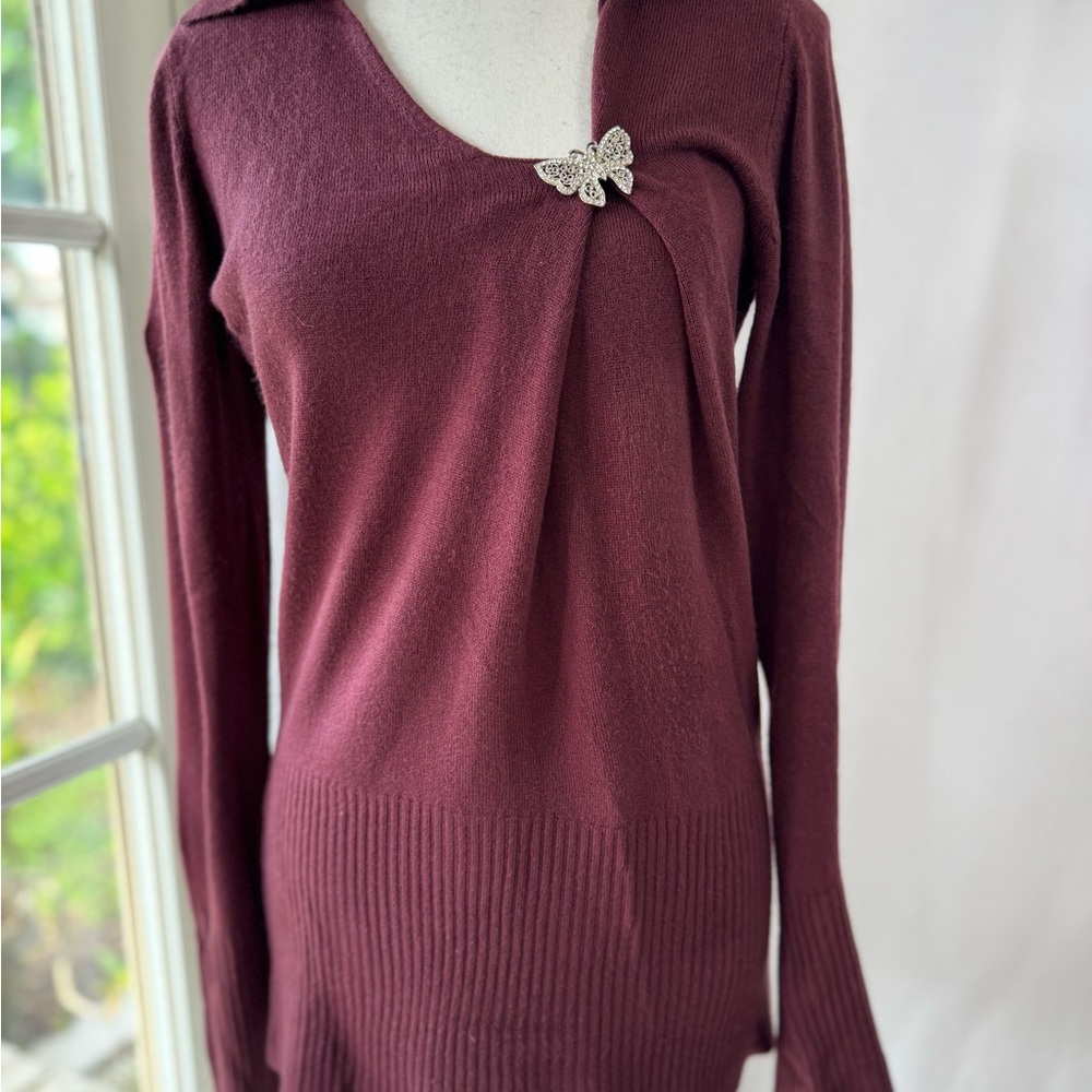 Burgundy Knit Top with Collar & Butterfly Broche Pin